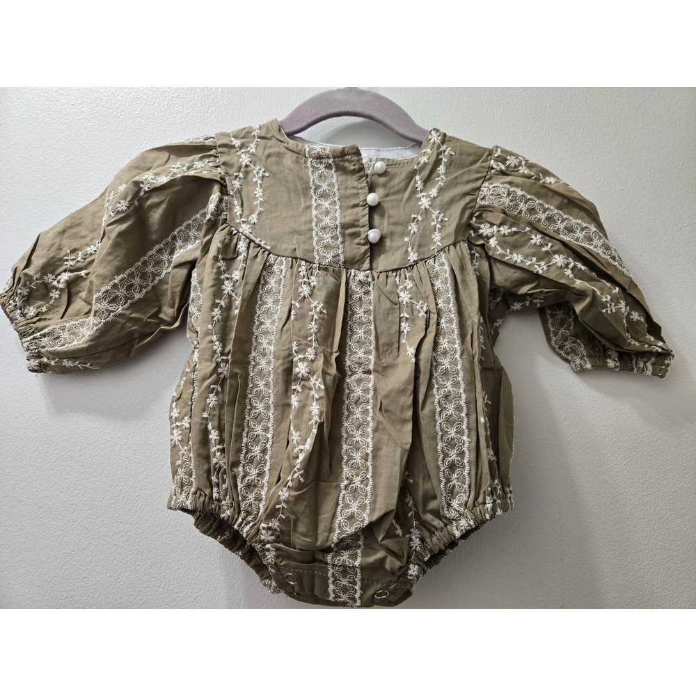 Ryan & Remi Baby Girl Olive Green Embroidered Puff‎ Sleeve Romper Onesie